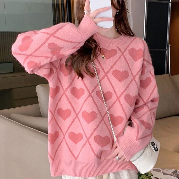 Pink Casual Womens Heart Pattern Drop Shoulder Oversized Sweater - Picture 5 of 5